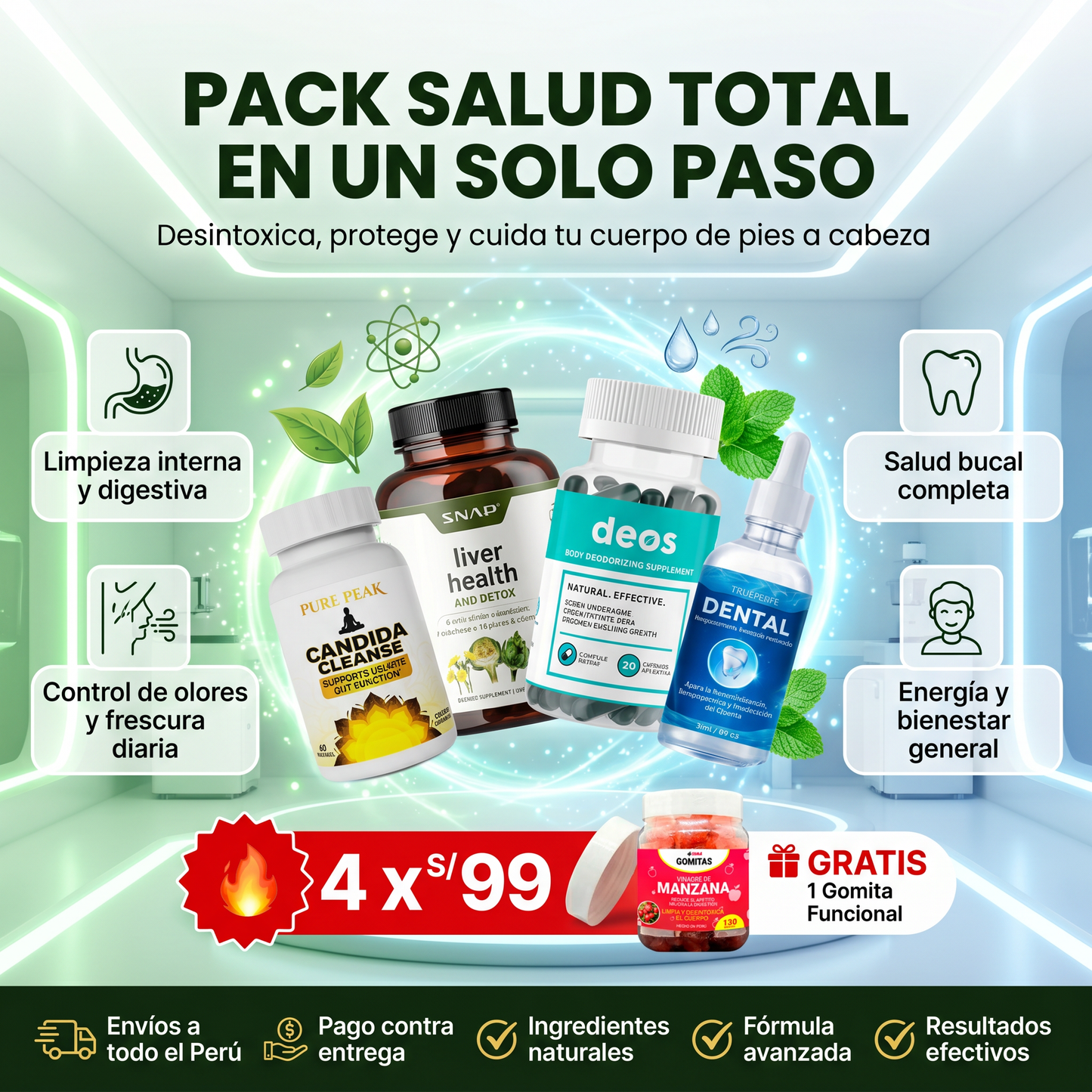 Pack salud total (candida, deos, liver, dental)+ regalo gomitas funcionales
