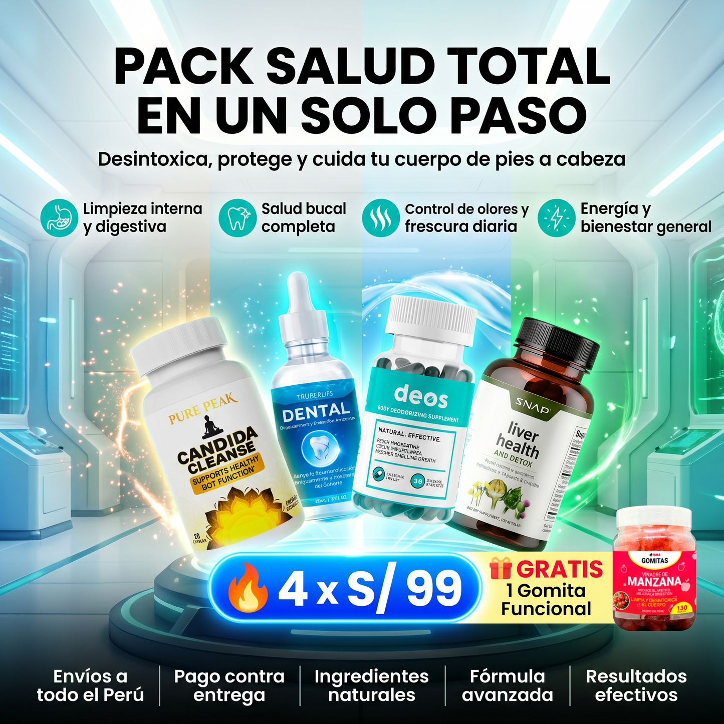 Pack salud total (candida, deos, liver, dental)+ regalo gomitas funcionales
